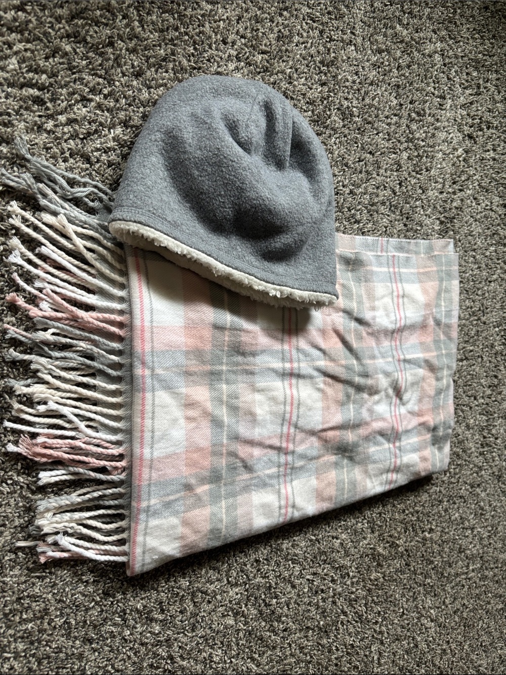 Grey Fleece Hat and the softest X-Large Pink Plaid Scarf Set
